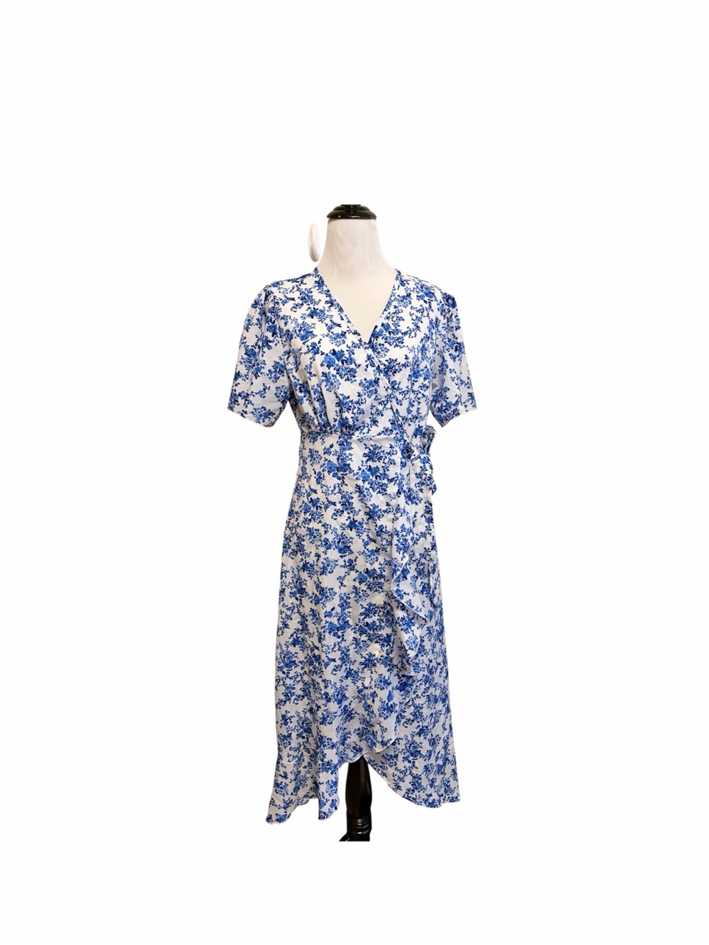 Shein medium Blue & White Floral Short-Sleeve Wrap Midi Dress
